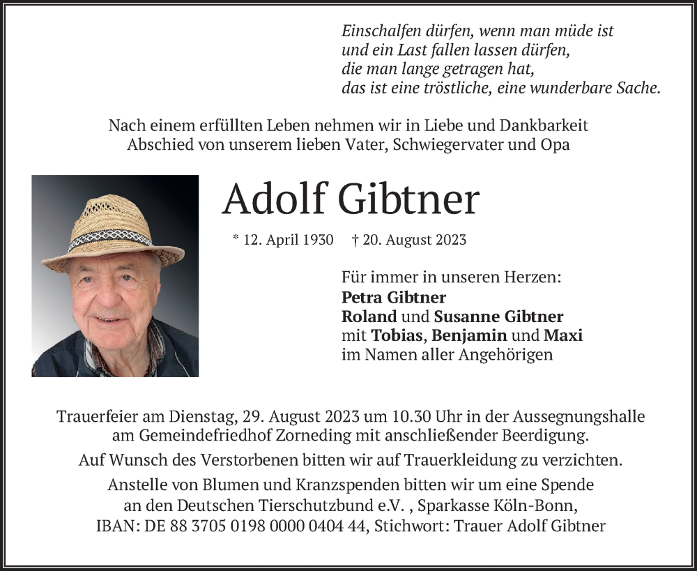  Traueranzeige für Adolf Gibtner vom 26.08.2023 aus merkurtz