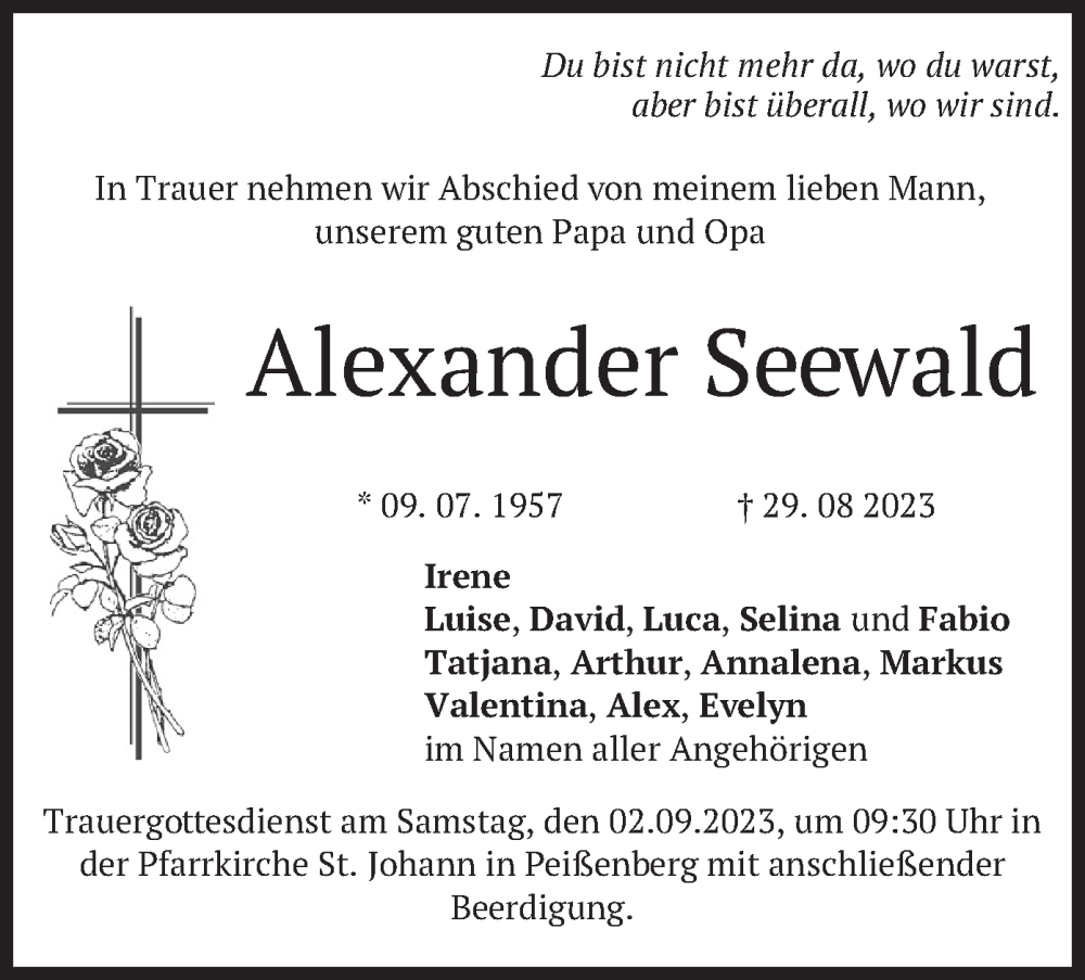  Traueranzeige für Alexander Seewald vom 31.08.2023 aus merkurtz