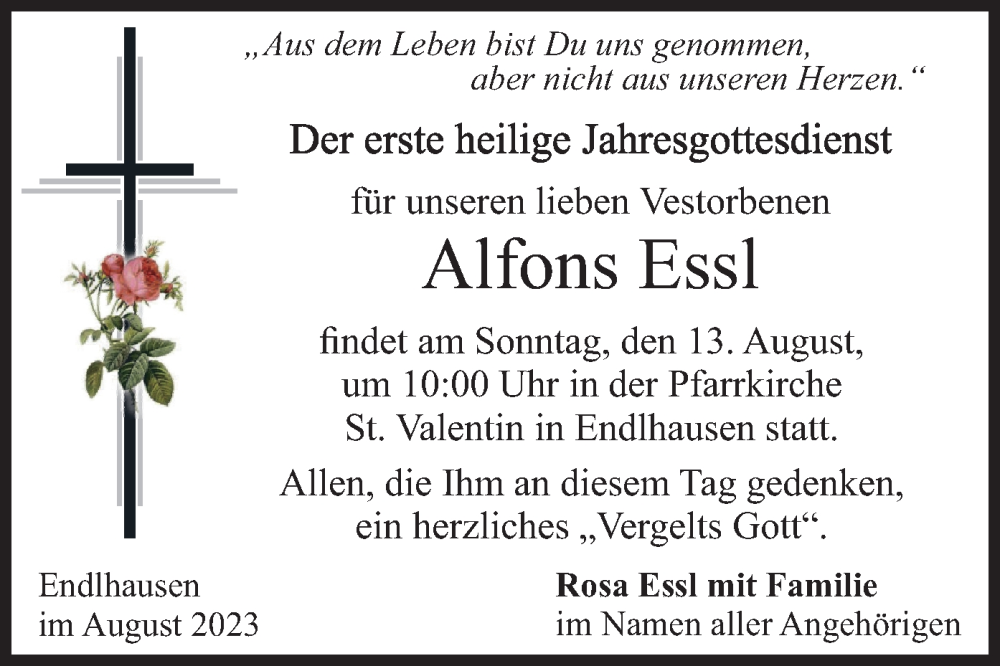  Traueranzeige für Alfons Essl vom 12.08.2023 aus merkurtz