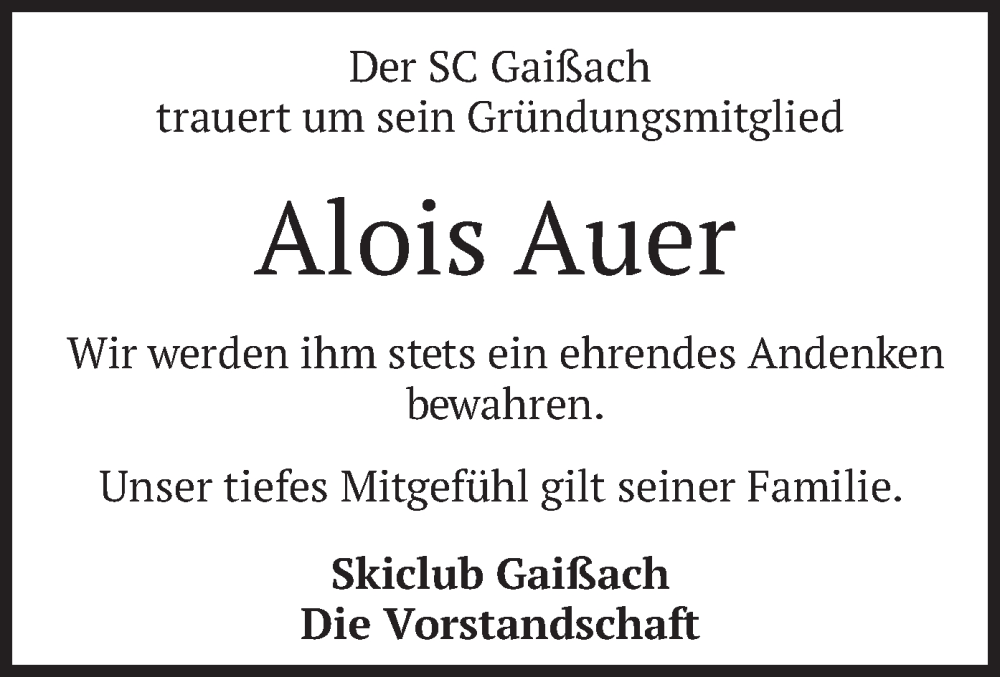  Traueranzeige für Alois Auer vom 21.08.2023 aus merkurtz