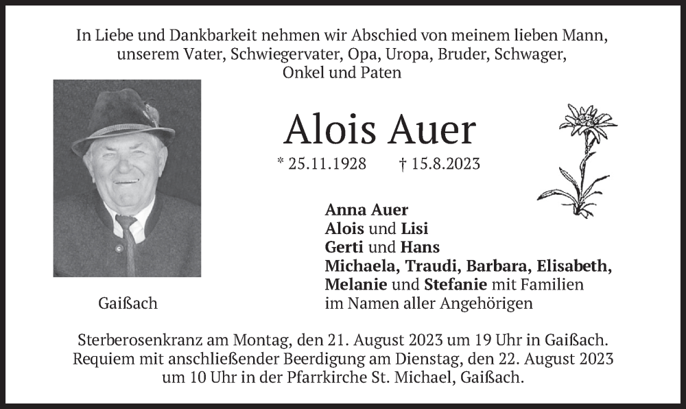  Traueranzeige für Alois Auer vom 19.08.2023 aus merkurtz