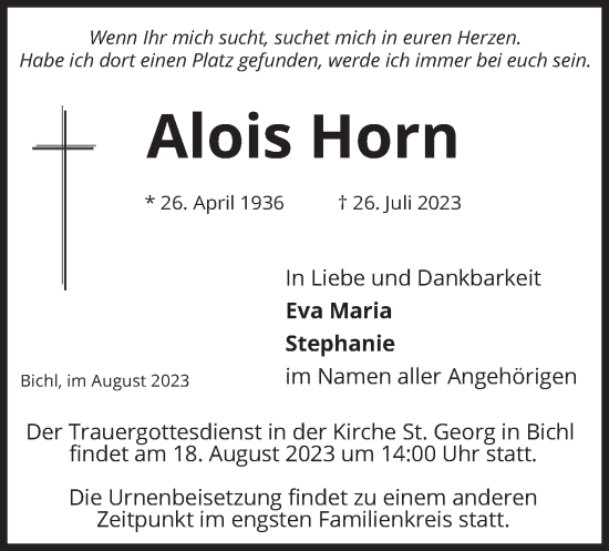Traueranzeige von Alois Horn von merkurtz