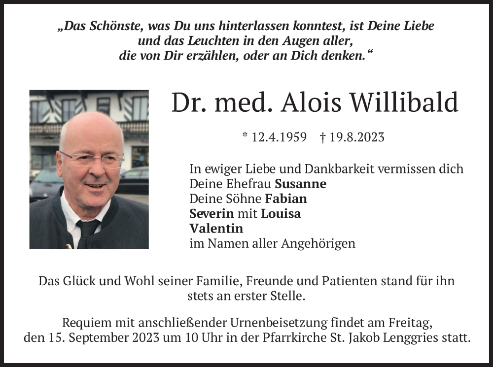  Traueranzeige für Alois Willibald vom 24.08.2023 aus merkurtz
