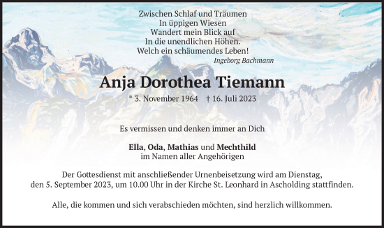 Traueranzeige von Anja Dorothea Tiemann von merkurtz