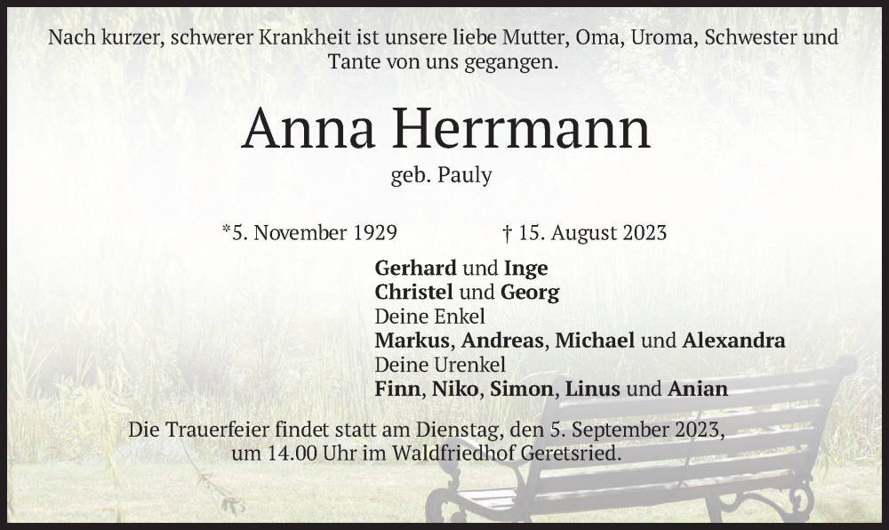  Traueranzeige für Anna Herrmann vom 26.08.2023 aus merkurtz
