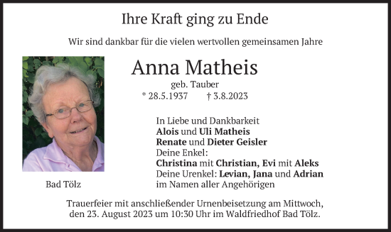 Traueranzeige von Anna Matheis von merkurtz