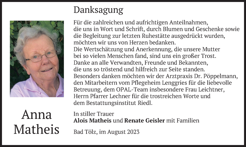  Traueranzeige für Anna Matheis vom 26.08.2023 aus merkurtz