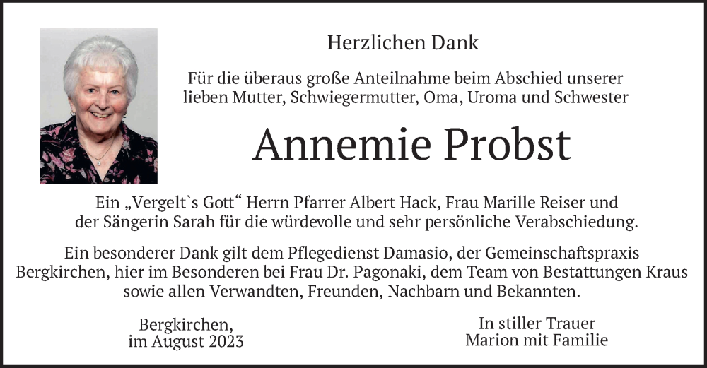  Traueranzeige für Annemie Probst vom 12.08.2023 aus merkurtz