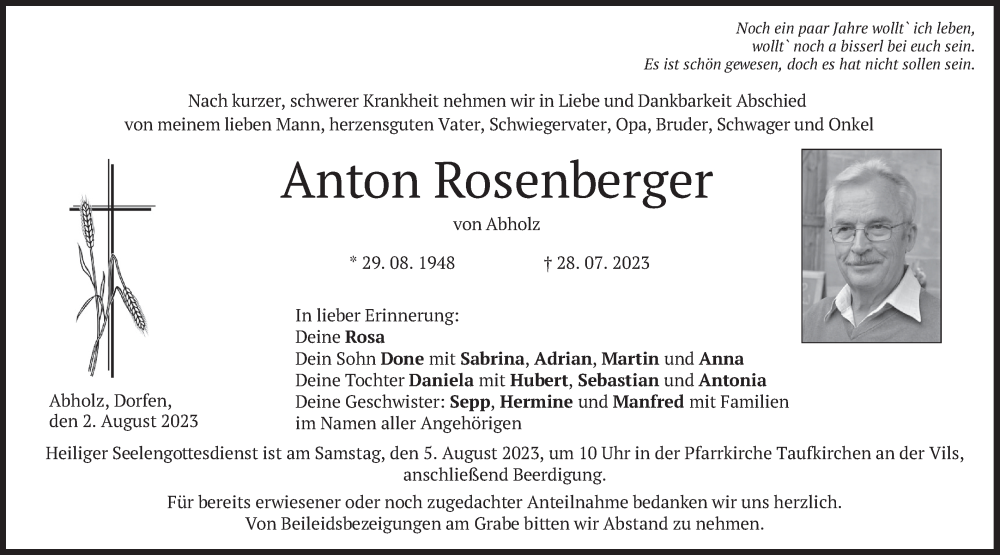  Traueranzeige für Anton Rosenberger vom 02.08.2023 aus merkurtz