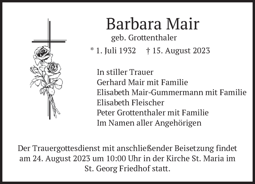  Traueranzeige für Barbara Mair vom 19.08.2023 aus merkurtz