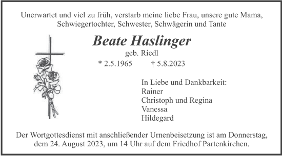 Traueranzeige von Beate Haslinger von merkurtz