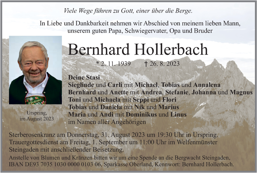  Traueranzeige für Bernhard Hollerbach vom 30.08.2023 aus merkurtz