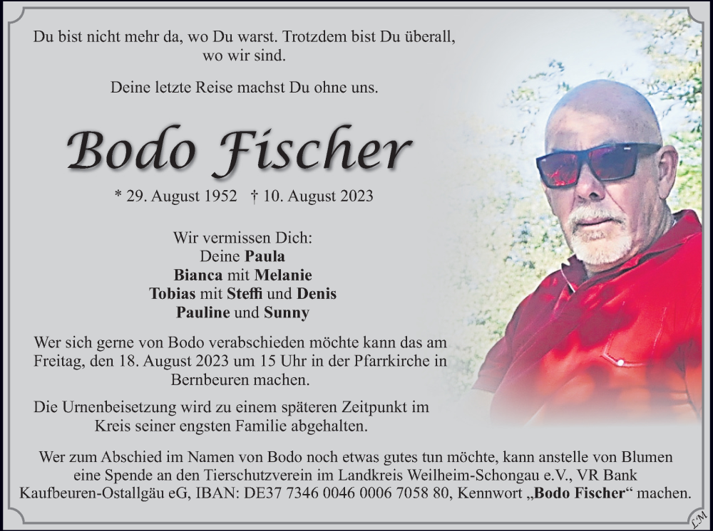  Traueranzeige für Bodo Fischer vom 16.08.2023 aus merkurtz