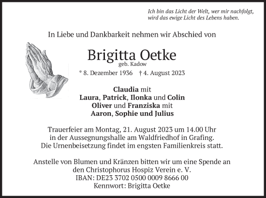 Traueranzeige von Brigitta Oetke von merkurtz