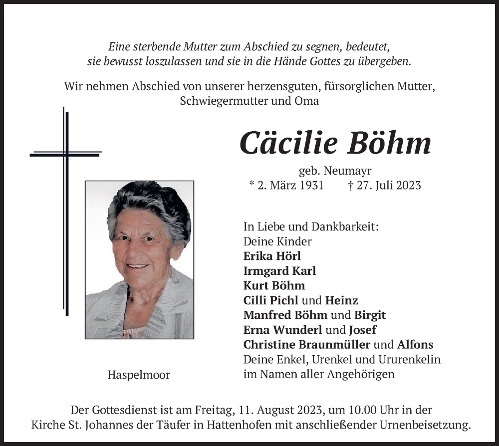  Traueranzeige für Cäcilie Böhm vom 05.08.2023 aus merkurtz