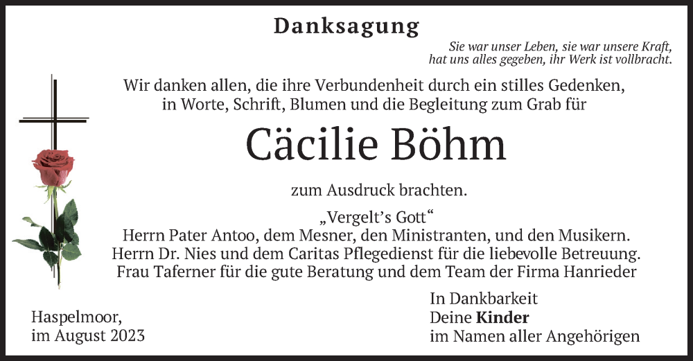  Traueranzeige für Cäcilie Böhm vom 19.08.2023 aus merkurtz