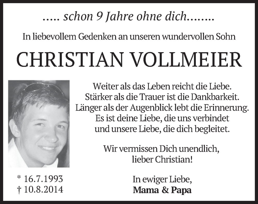  Traueranzeige für Christian Vollmeier vom 10.08.2023 aus merkurtz