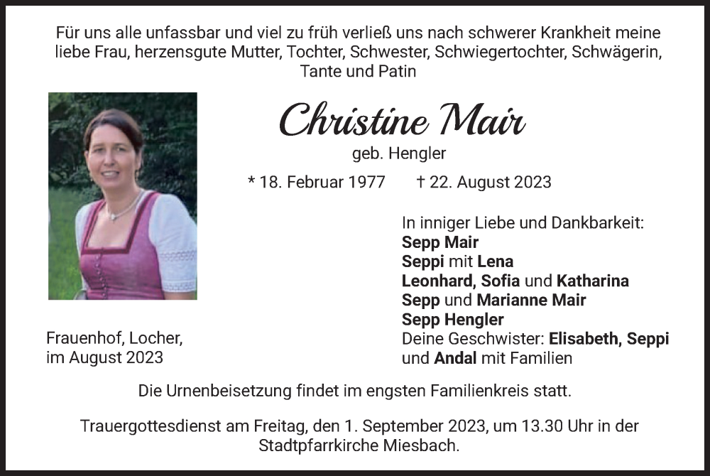  Traueranzeige für Christine Mair vom 26.08.2023 aus merkurtz