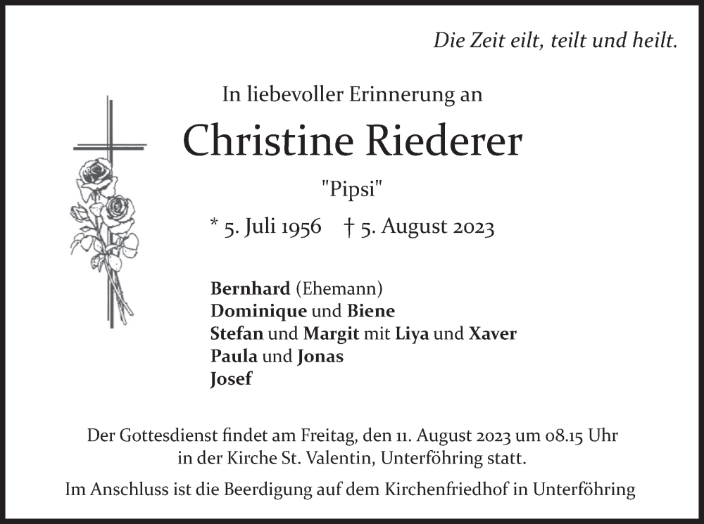  Traueranzeige für Christine Riederer vom 10.08.2023 aus merkurtz