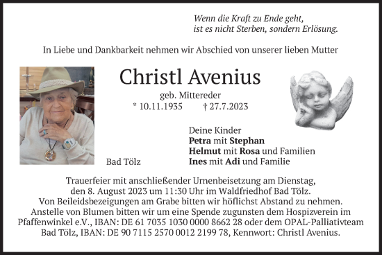 Traueranzeige von Christl Avenius von merkurtz