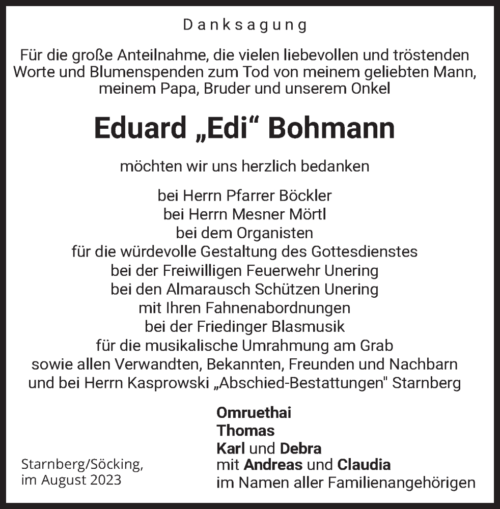  Traueranzeige für Eduard  Bohmann vom 12.08.2023 aus merkurtz