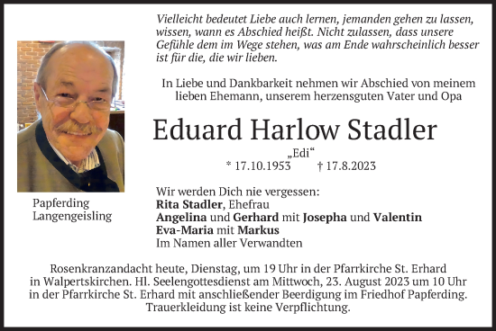 Traueranzeige von Eduard Harlow Stadler von merkurtz