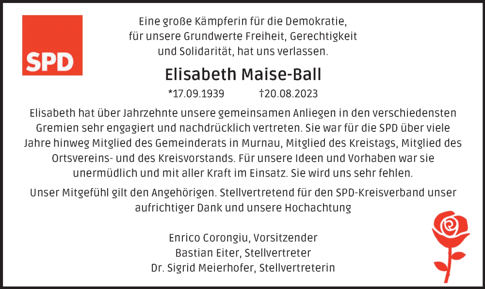  Traueranzeige für Elisabeth Maise-Ball vom 26.08.2023 aus merkurtz