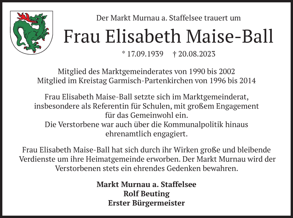  Traueranzeige für Elisabeth Maise-Ball vom 26.08.2023 aus merkurtz