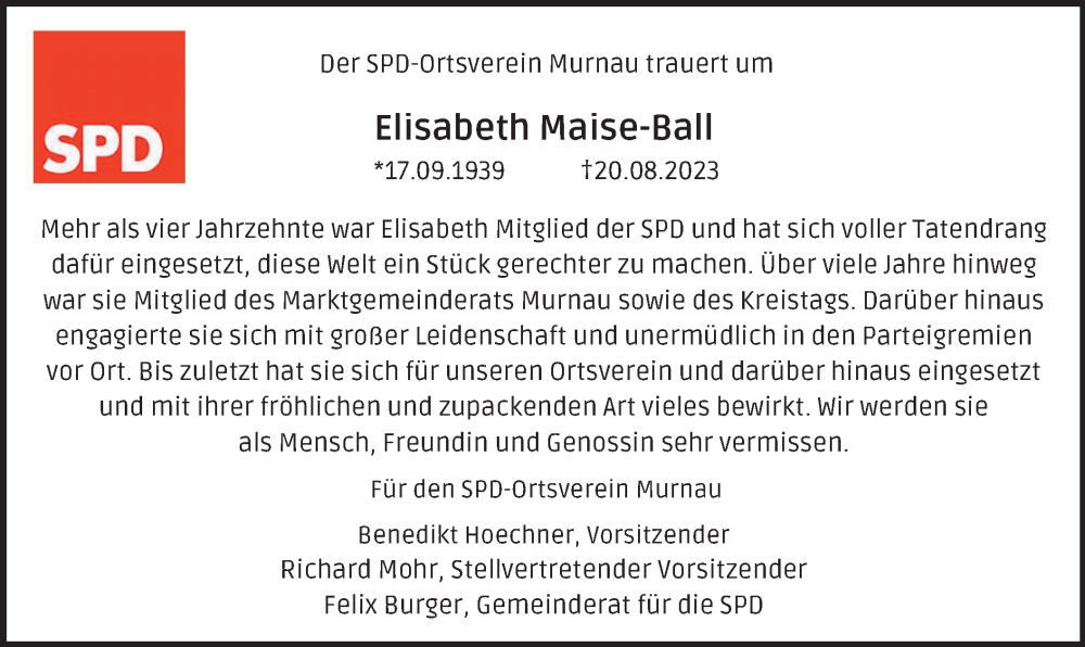  Traueranzeige für Elisabeth Maise-Ball vom 26.08.2023 aus merkurtz