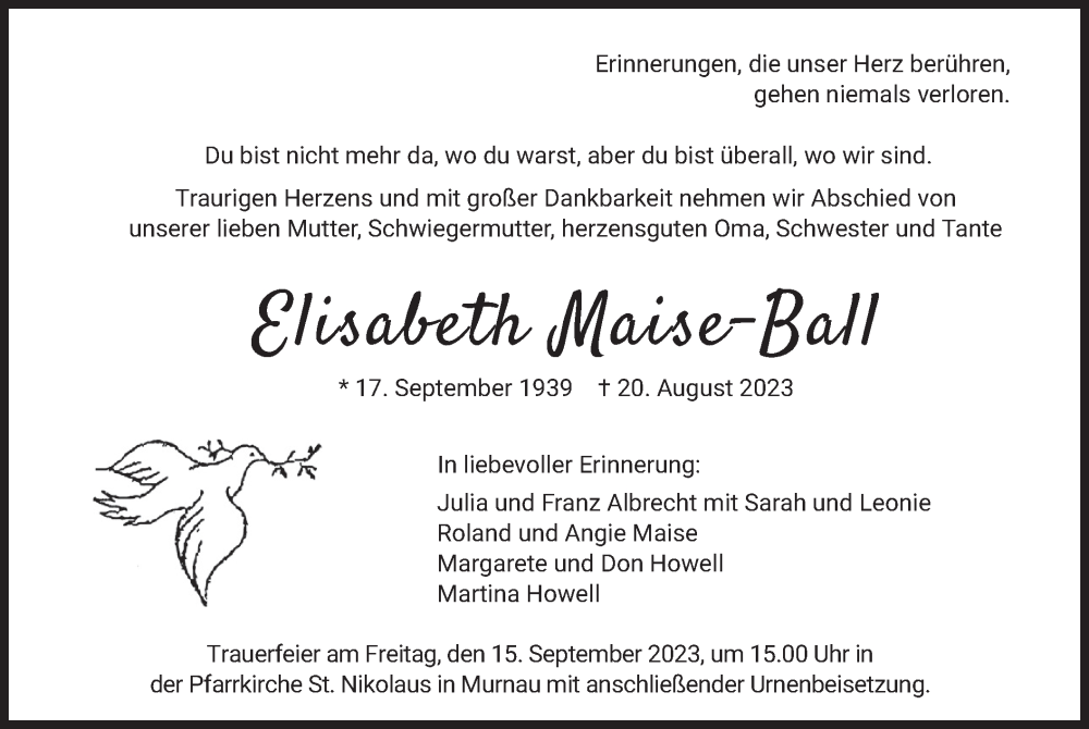  Traueranzeige für Elisabeth Maise-Ball vom 26.08.2023 aus merkurtz