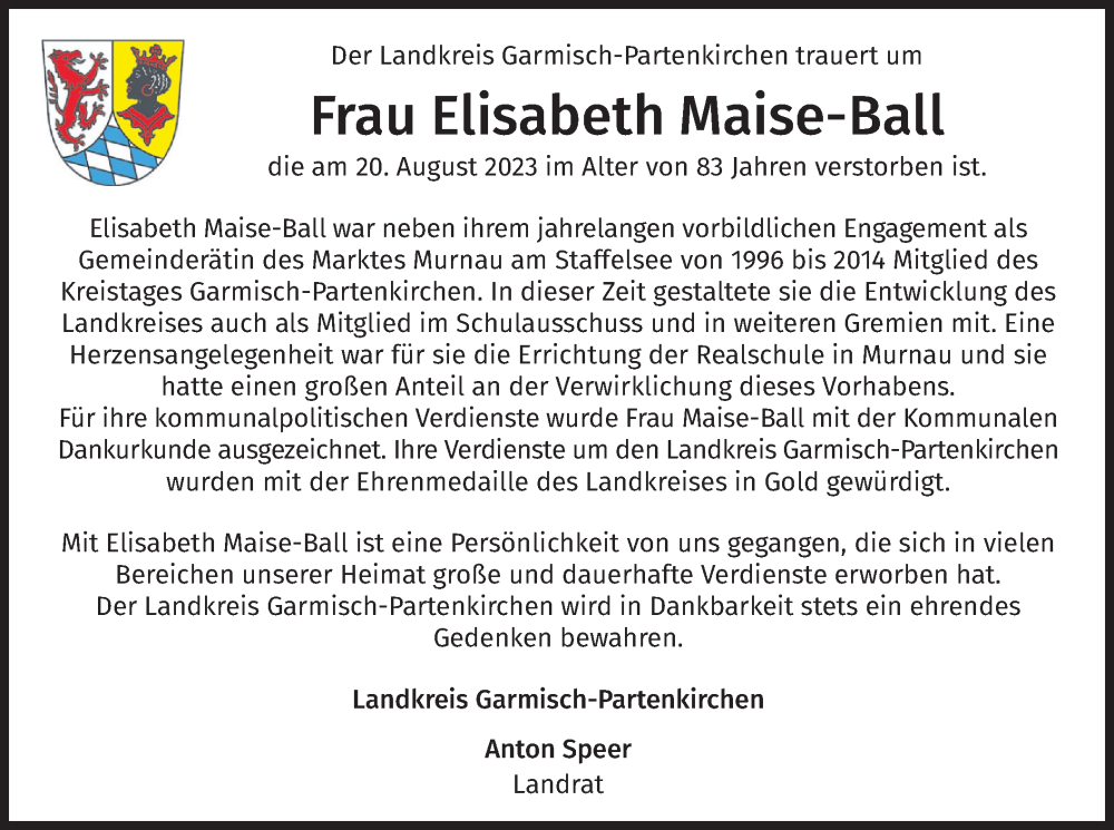  Traueranzeige für Elisabeth Maise-Ball vom 26.08.2023 aus merkurtz