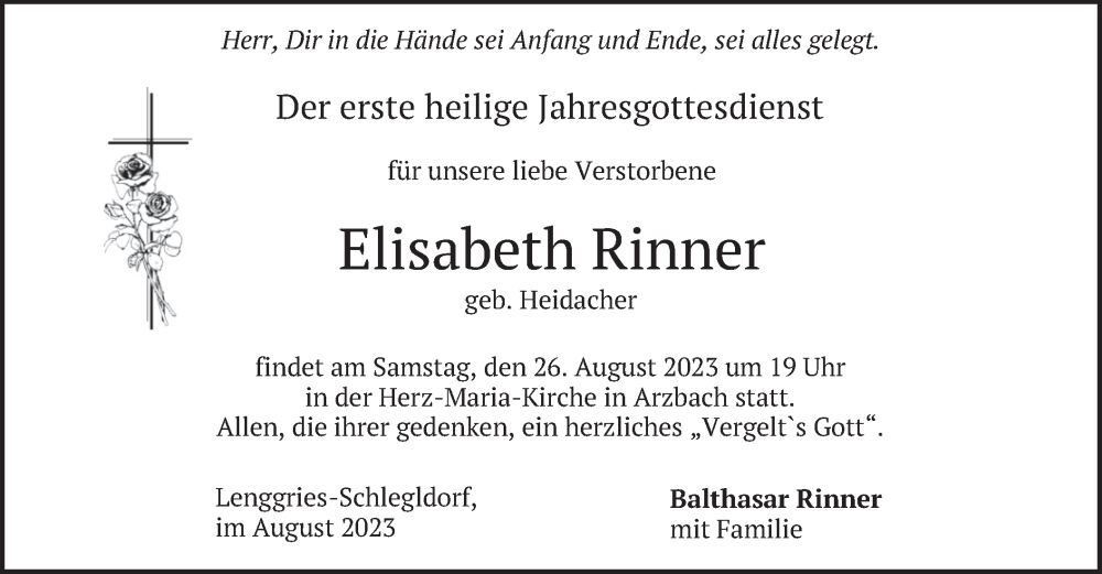  Traueranzeige für Elisabeth Rinner vom 24.08.2023 aus merkurtz