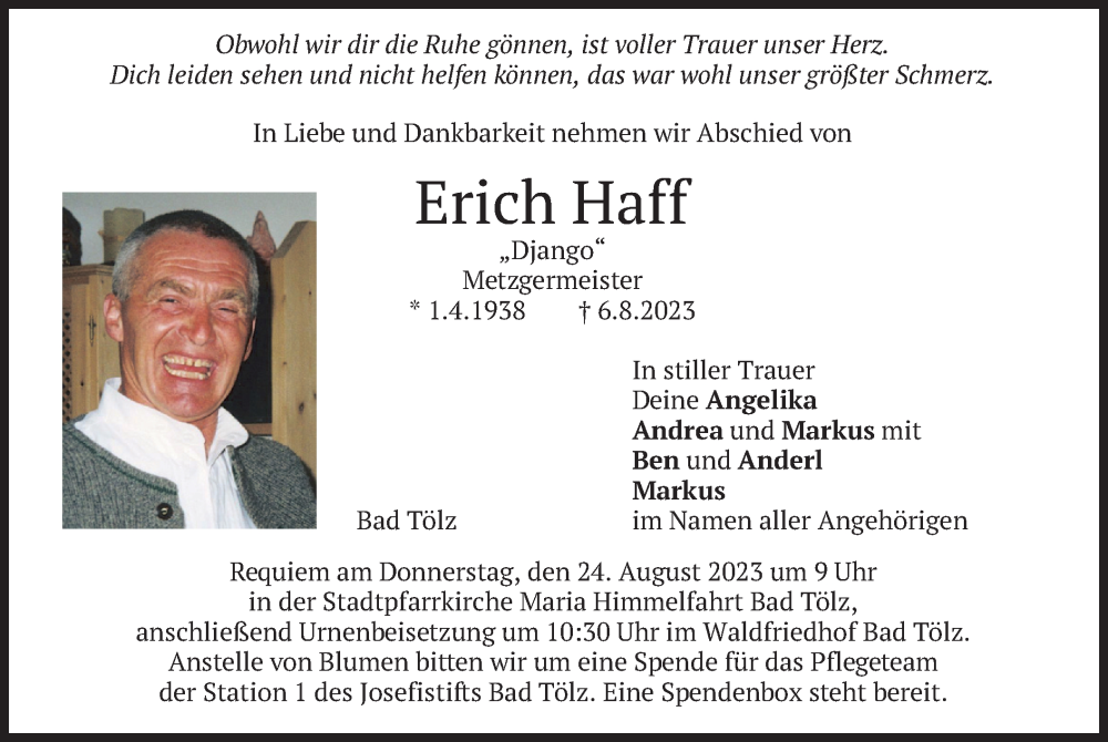  Traueranzeige für Erich Haff vom 19.08.2023 aus merkurtz