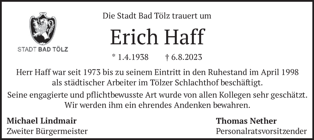  Traueranzeige für Erich Haff vom 14.08.2023 aus merkurtz