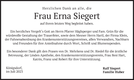 Traueranzeige von Erna Siegert von merkurtz