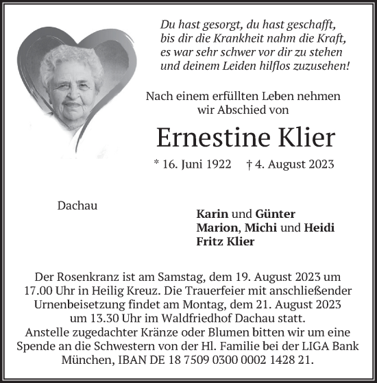 Traueranzeige von Ernestine Klier von merkurtz