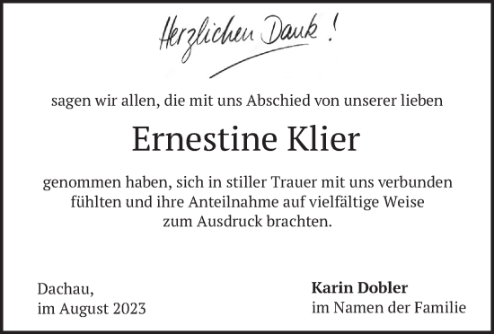Traueranzeige von Ernestine Klier von merkurtz