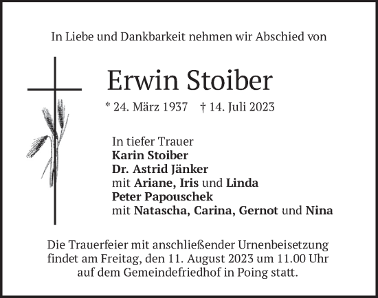 Traueranzeige von Erwin Stoiber von merkurtz