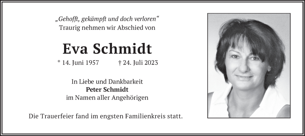  Traueranzeige für Eva Schmidt vom 26.08.2023 aus merkurtz