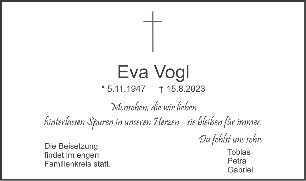  Traueranzeige für Eva Vogl vom 25.08.2023 aus merkurtz