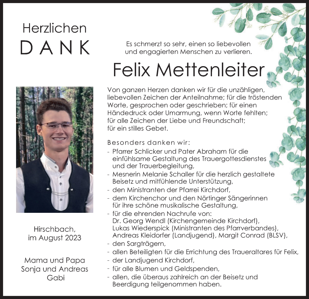  Traueranzeige für Felix Mettenleiter vom 12.08.2023 aus merkurtz