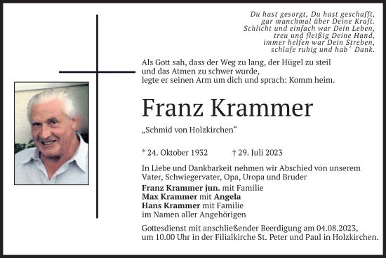 Traueranzeige von Franz Krammer von merkurtz