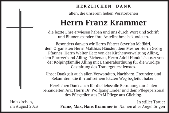 Traueranzeige von Franz Krammer von merkurtz