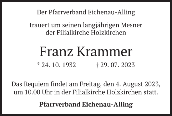 Traueranzeige von Franz Krammer von merkurtz