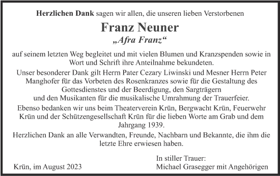 Traueranzeige von Franz Neuner von merkurtz