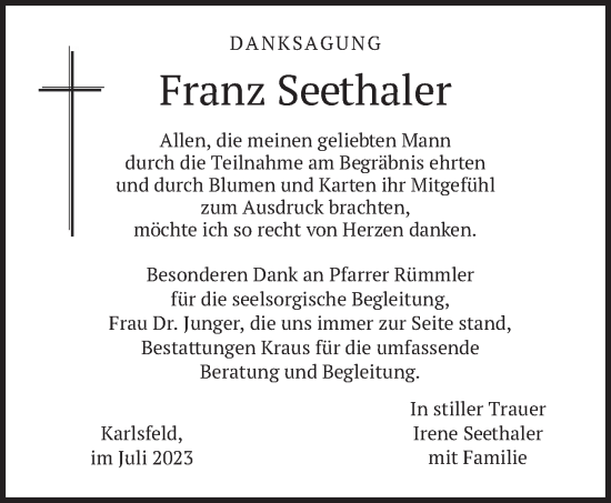 Traueranzeige von Franz Seethaler von merkurtz