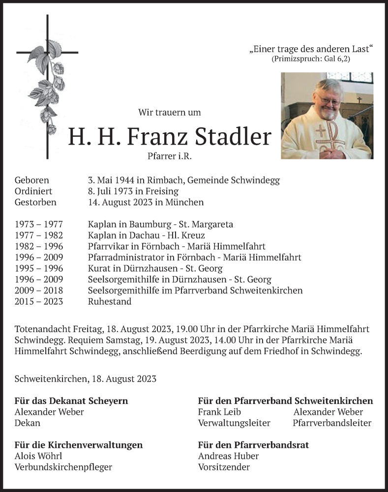  Traueranzeige für Franz Stadler vom 18.08.2023 aus merkurtz