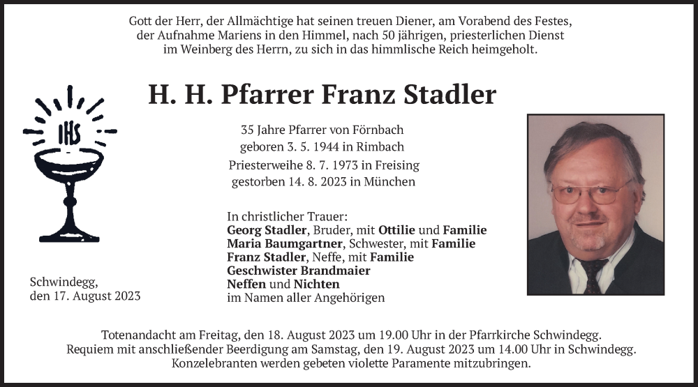  Traueranzeige für Franz Stadler vom 17.08.2023 aus merkurtz