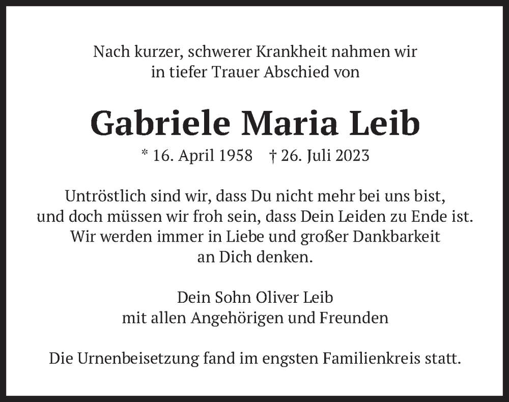  Traueranzeige für Gabriele Maria Leib vom 26.08.2023 aus merkurtz