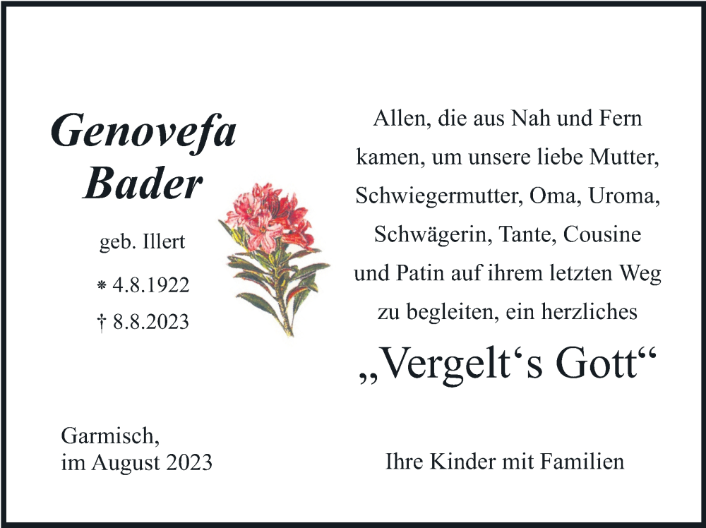  Traueranzeige für Genovefa Bader vom 26.08.2023 aus merkurtz